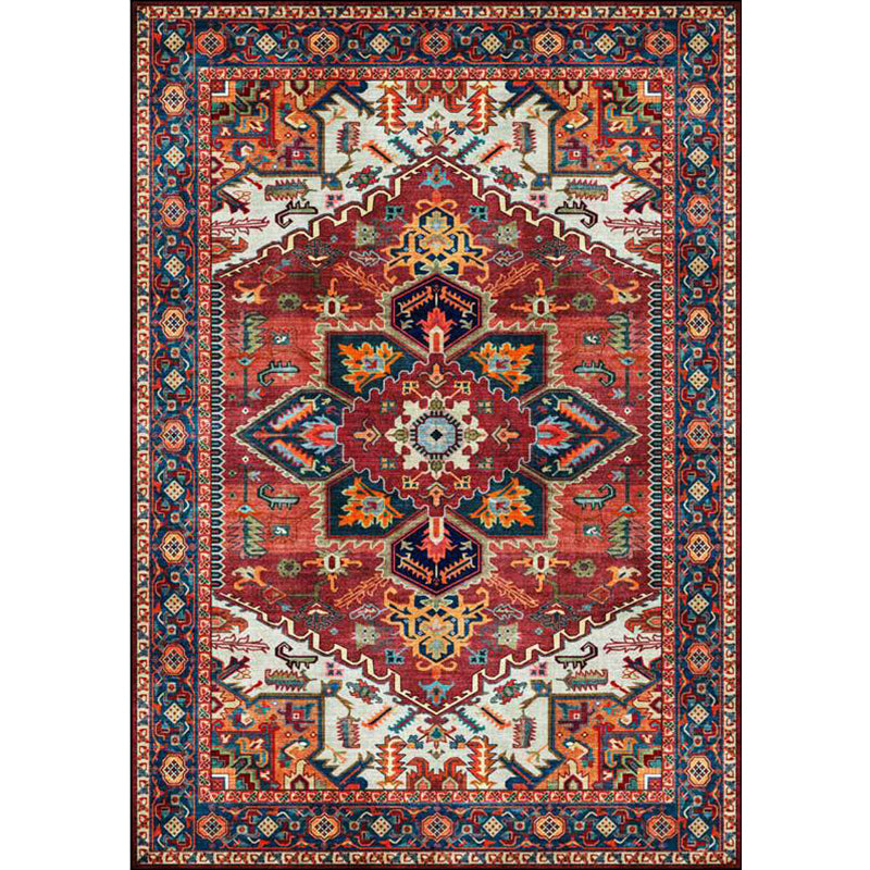 Retro Medallion Pattern Rug Red Persian Rug Polyester Machine Washable Anti-Slip Area Rug for Bedroom