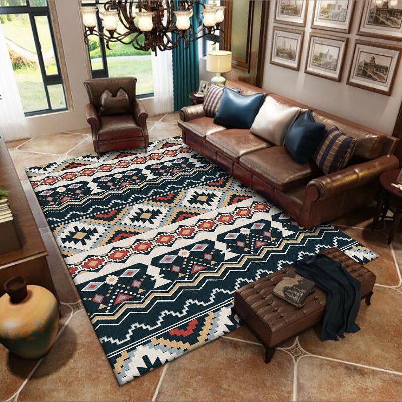 Southwestern Tribal Print Rug Black and White Polyester Rug Machine Washable Non-Slip Area Rug for Living Room