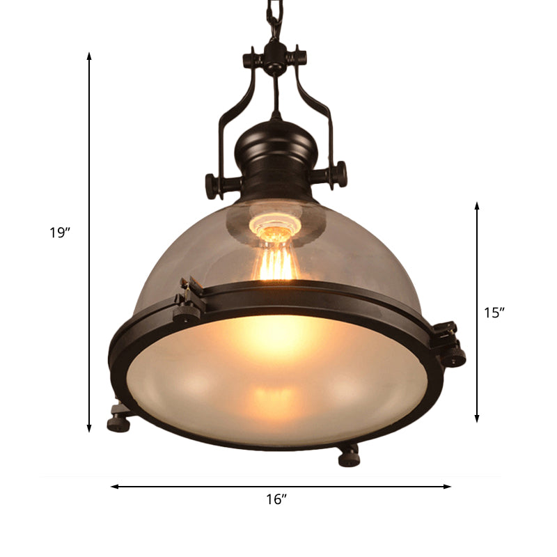 1-Light Dome Shade Pendant Lighting Fixture Industrial Black Clear Glass Hanging Ceiling Light with Trim Ring