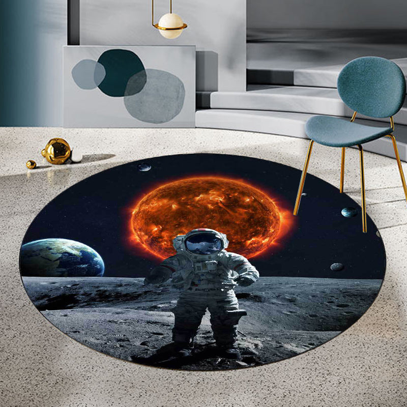 Black and Grey Bedroom Rug Modern Outer Space Planet Astronaut Pattern Area Rug Polyester Stain-Resistant Carpet