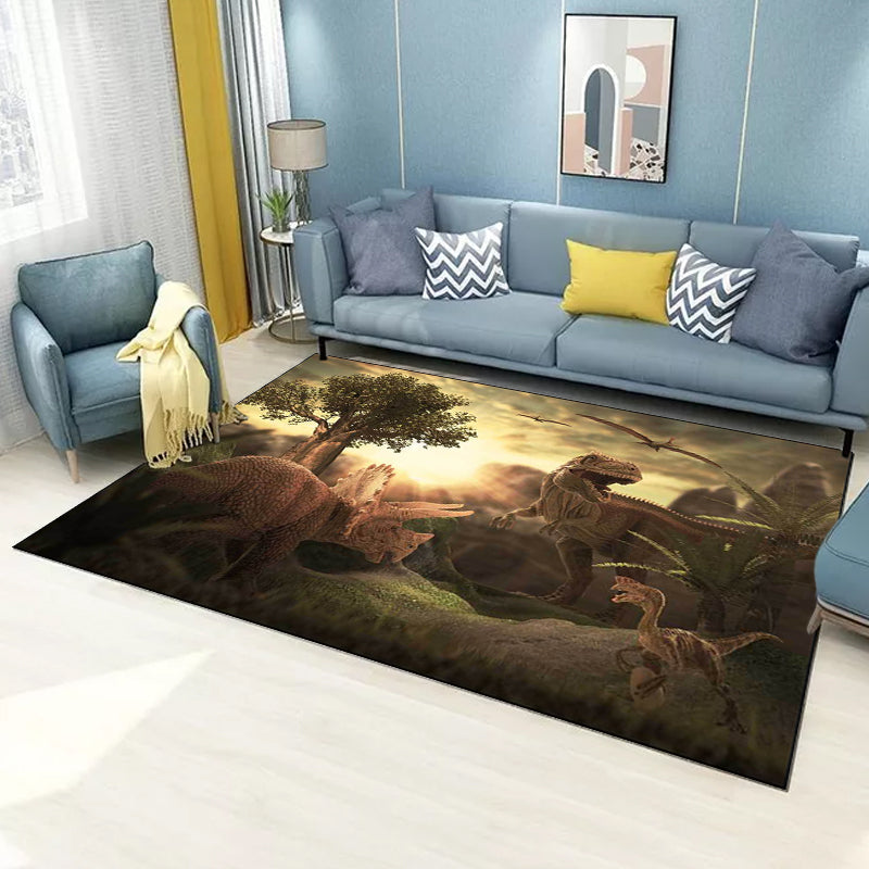 Stylish Dinosaur Pattern Rug with Tree Brown Nordic Rug Polyester Washable Anti-Slip Backing Area Rug for Living Room