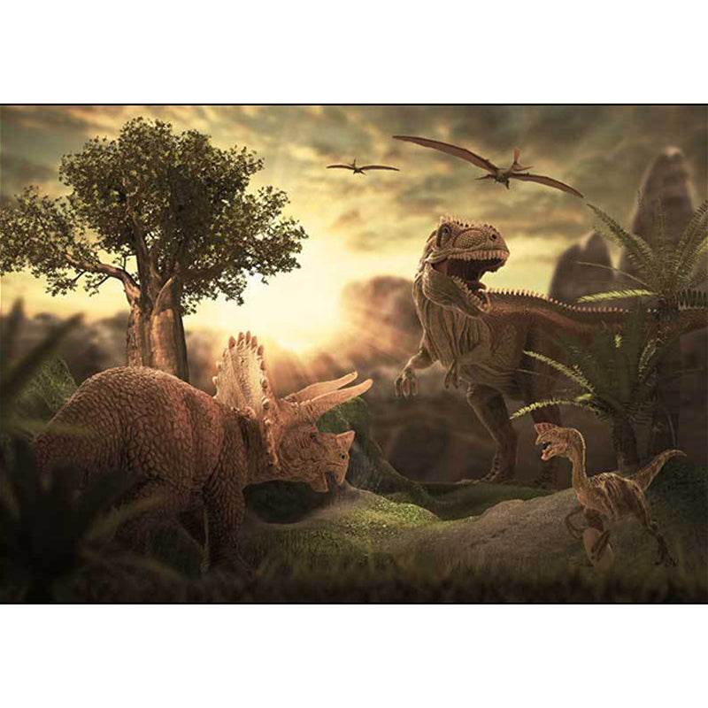 Stylish Dinosaur Pattern Rug with Tree Brown Nordic Rug Polyester Washable Anti-Slip Backing Area Rug for Living Room