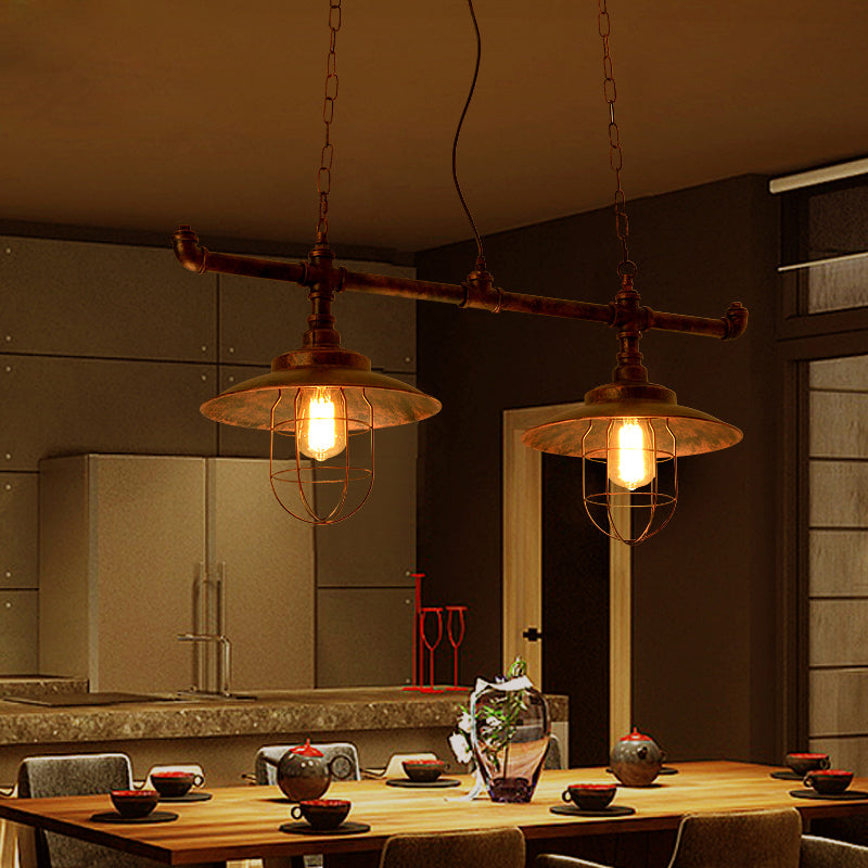2 lichten draadbeschermer hangend licht met pijpontwerpmagazijn verweerd koperen ijzeren eilandverlichting