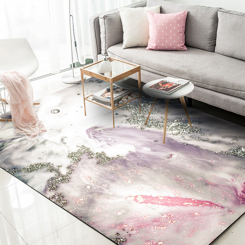 Modern Living Room Rug in Grey and Pink Abstract Seawater Print Rug Polyester Washable Pet Friendly Area Rug