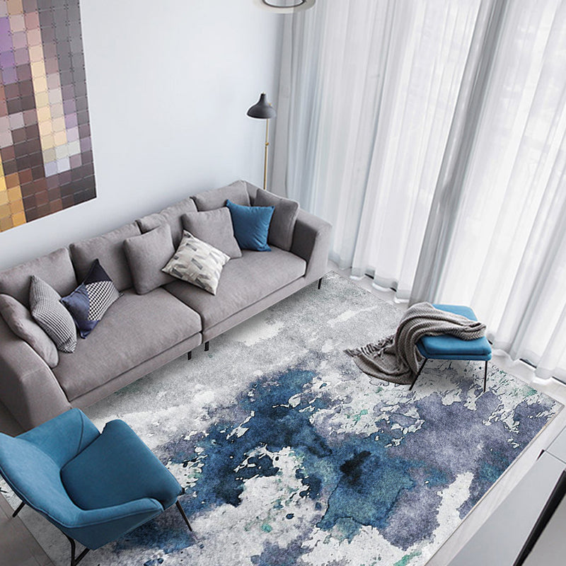 Blue and Grey Modern Rug Polyester Watercolor Pattern Rug Washable Non-Slip Backing Carpet for Living Room