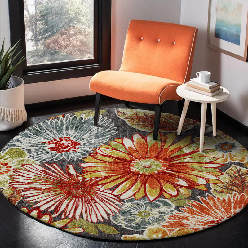 Retro Floral Pattern Rug Orange Shabby Chic Rug Polyester Washable Non-Slip Backing Area Rug for Living Room