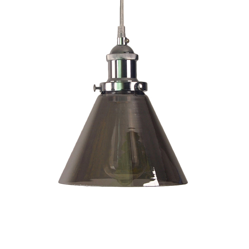 Industrial Cone/Barn Pendant Lamp 1 Light Smoked Glass Hanging Light Fixture in Chrome