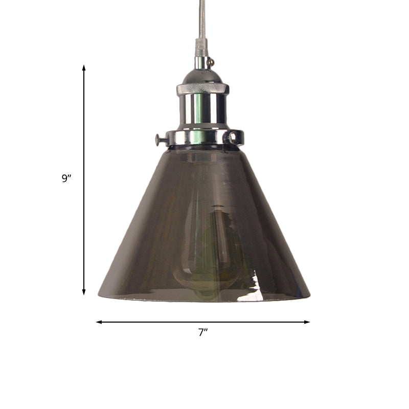Industrial Cone/Barn Pendant Lamp 1 Light Smoked Glass Hanging Light Fixture in Chrome