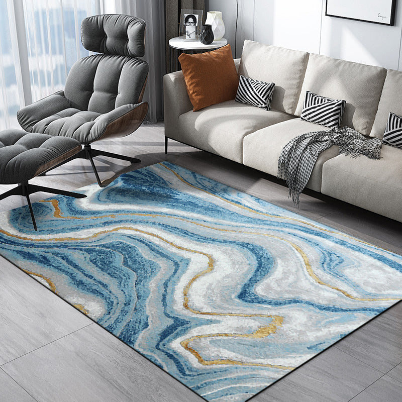 Scandinavian Modern Rug in Blue Abstract Water Wave Pattern Rug Polyester Washable Non-Slip Carpet for Home Decoration