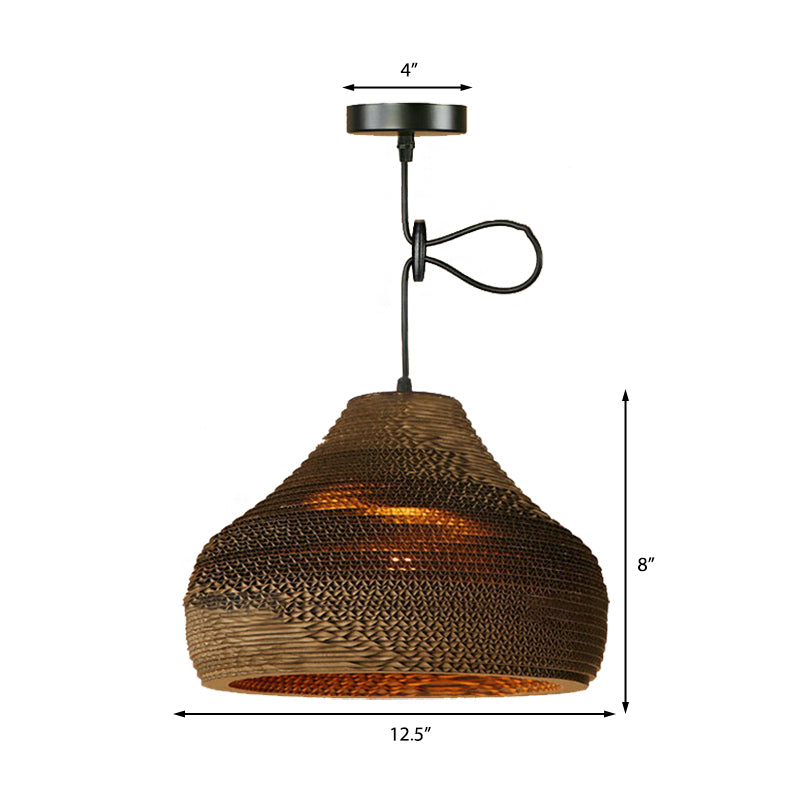 Contemporary Dome/Bowl Shade Suspension Light 1 Head Corrugated Paper Pendant Lamp in Brown