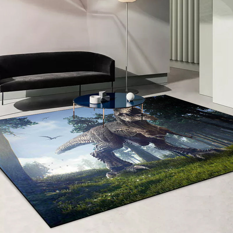 Blue Novelty Rug Polyester Dinosaur and Tree Pattern Rug Washable Non-Slip Backing Carpet for Living Room