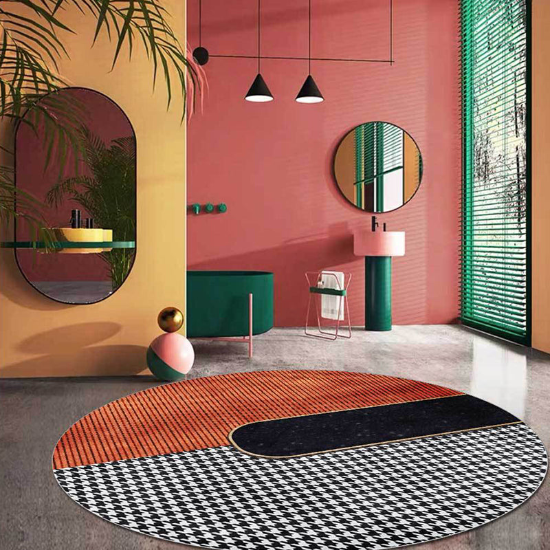 Orange and Black Modern Rug Polyester Striped and Houndstooth Pattern Rug Washable Non-Slip Backing Carpet for Living Room