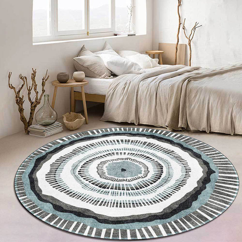 Green and White Bohemian Rug Polyester Concentric Circles and Striped Pattern Rug Washable Non-Slip Backing Carpet for Living Room