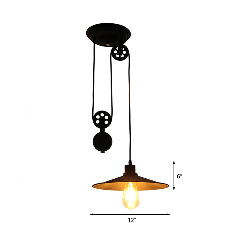 1 Light Pulley Pendant Light with Flared Shade Farmhouse Style Black Metal Hanging Lamp for Indoor