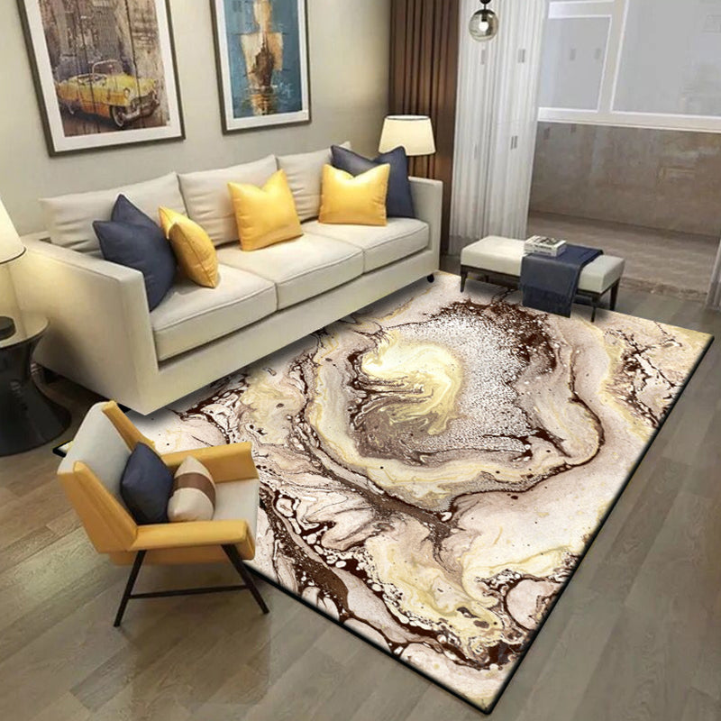 Brown Bedroom Rug Modern Abstract Stone Sand Pattern Area Rug Polyester Machine Washable Carpet
