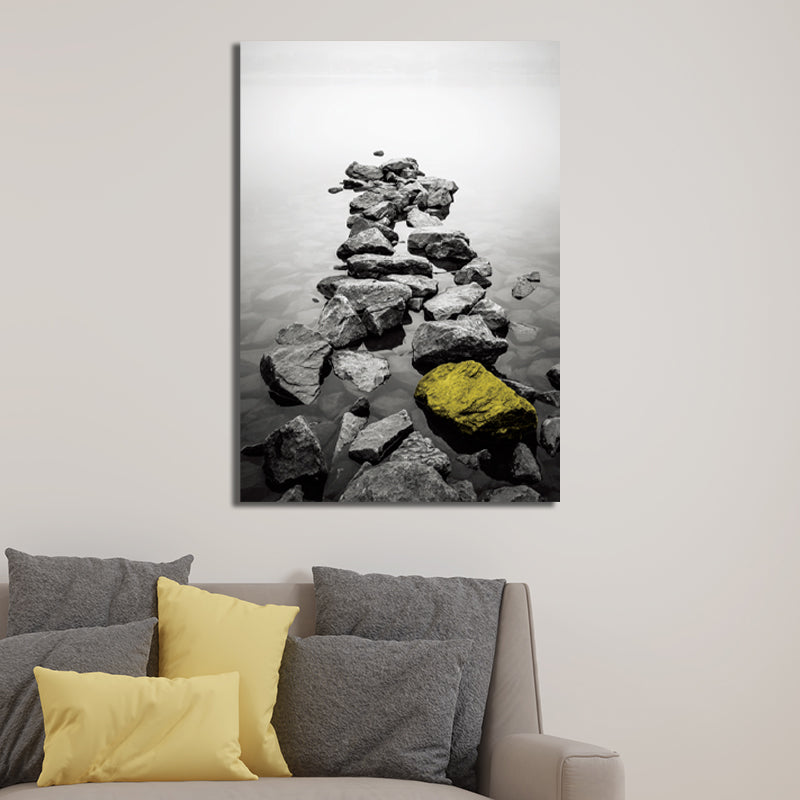 Retro River Rock Shore Canvas Wall Art Grey Textured Surface Wall Decor for Bedroom