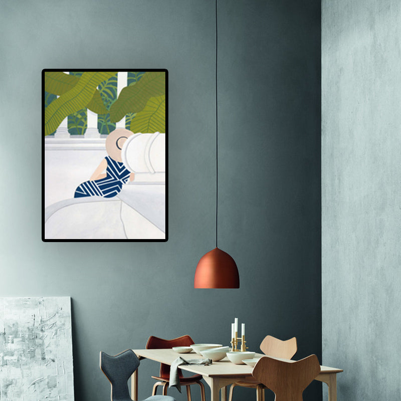 Green Nordic Wrapped Canvas Woman and Scenic Painting Wall Art Print for Bedroom