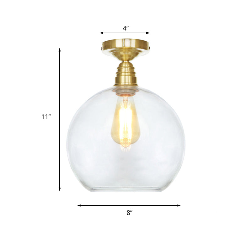 1 Light Spherical Semi Flush Light Brass Industrial Clear/Amber Glass Ceiling Mount, 8"/10"/12" Wide