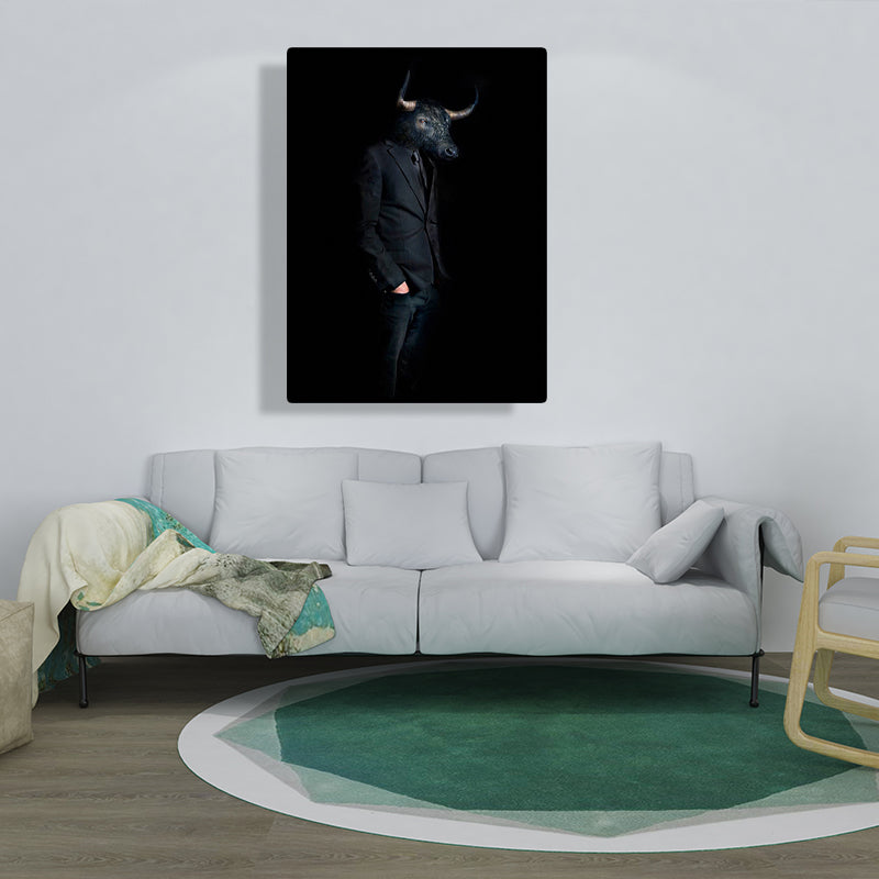 Ox Gentleman Canvas Art Kids Style Textured Wall Decoration in Black for Living Room