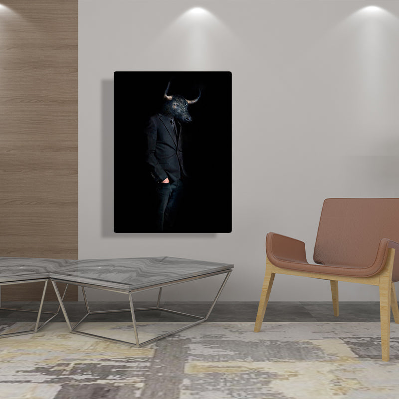 Ox Gentleman Canvas Art Kids Style Textured Wall Decoration in Black for Living Room