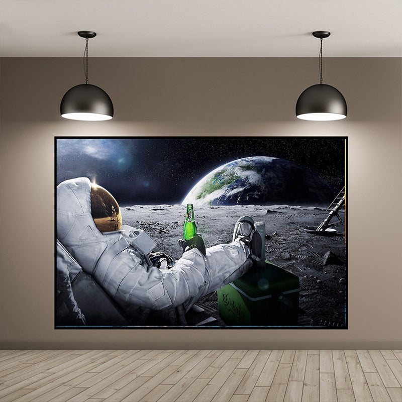 White Kids Wall Decor Astronaut Drinking Wine on Planet Canvas Art for Living Room