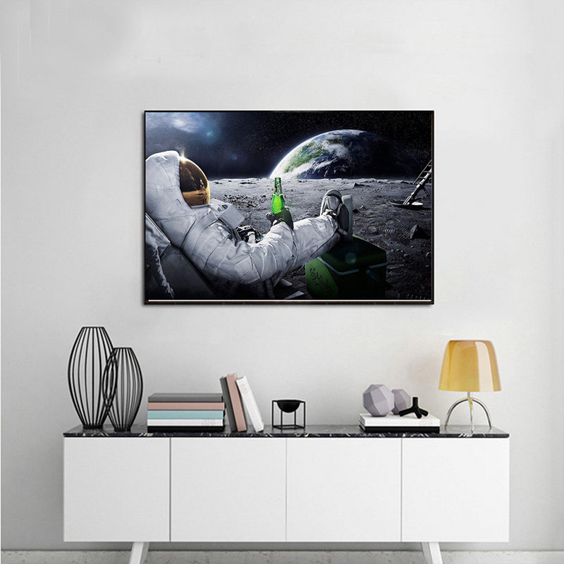 White Kids Wall Decor Astronaut Drinking Wine on Planet Canvas Art for Living Room
