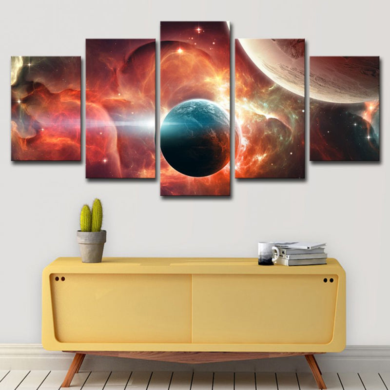 Red Universe Planet Wall Art Multi-Piece Science Fictional Kids Room Canvas Print