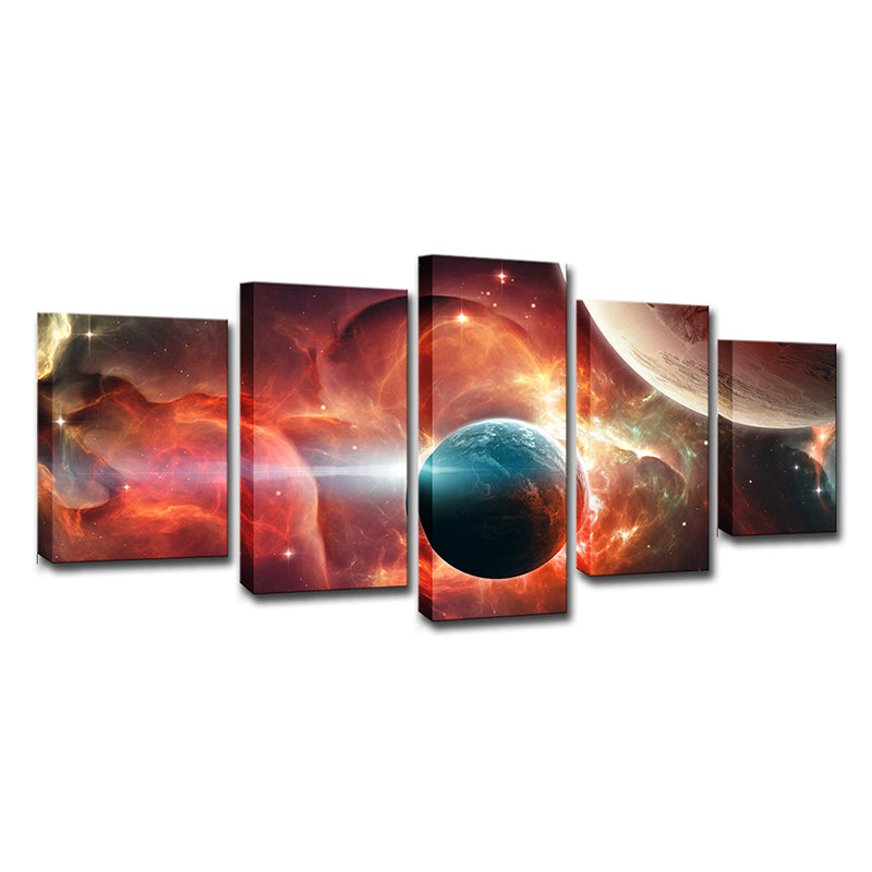Red Universe Planet Wall Art Multi-Piece Science Fictional Kids Room Canvas Print