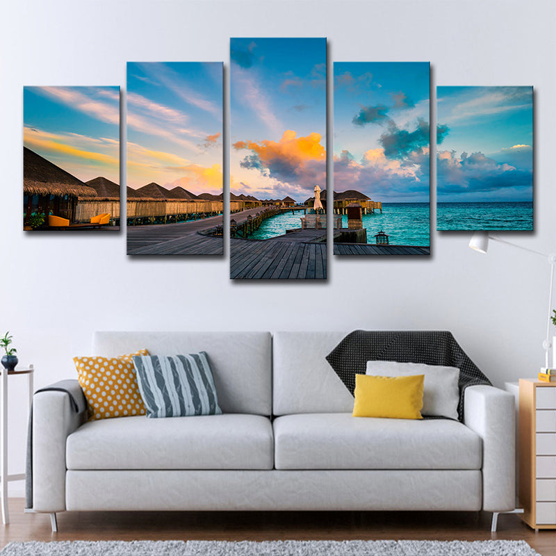 Maldives Sunset View Wall Art Multi-Piece Tropics Hotel Canvas Print in Blue