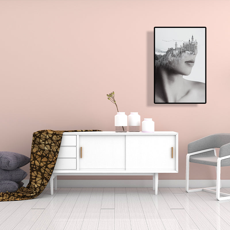 Mixed Media Vintage Canvas Wall Art with Woman and Mountain Castle Pattern in Grey