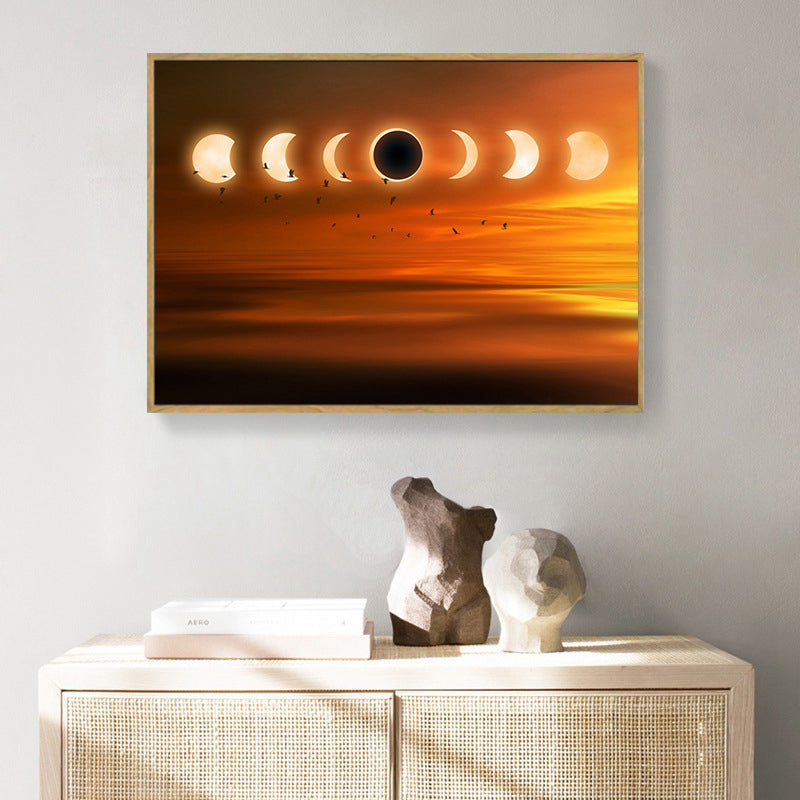 Kids Style Moon Eclipse Canvas Orange Child Bedroom Wall Art, Textured Surface