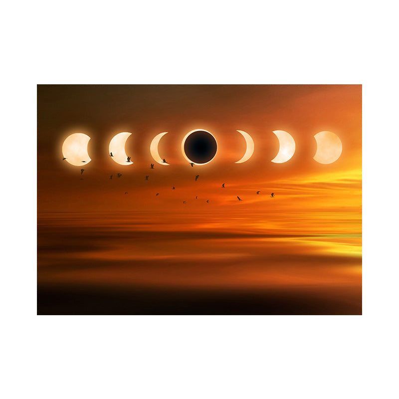 Kids Style Moon Eclipse Canvas Orange Child Bedroom Wall Art, Textured Surface