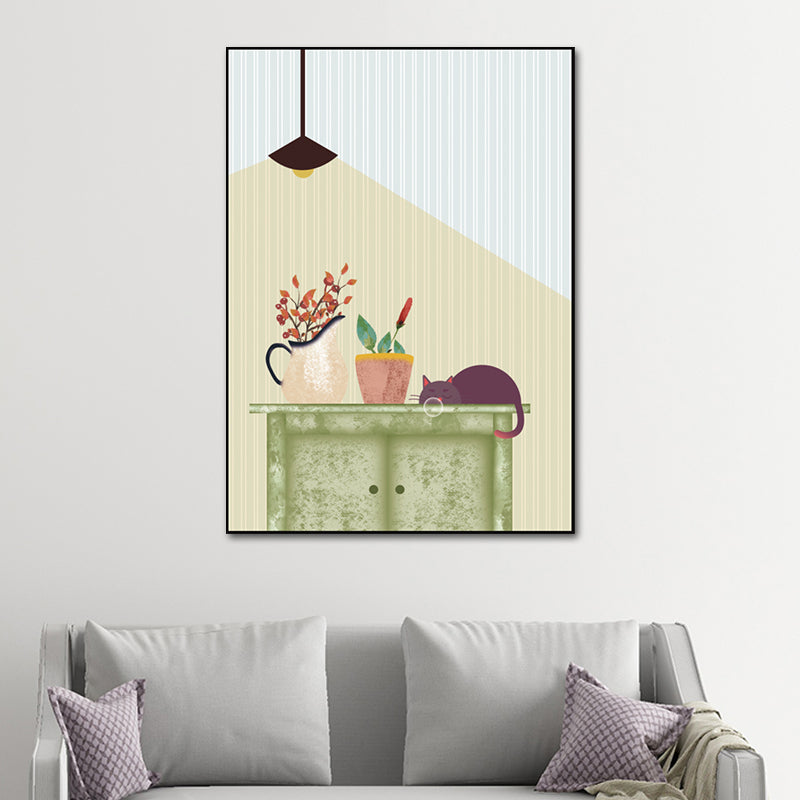 Kitty and Potted Plant Art Print Kids Style Textured Surface Sitting Room Canvas