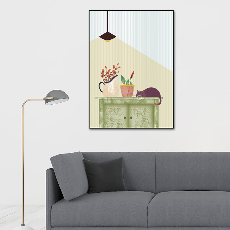 Kitty and Potted Plant Art Print Kids Style Textured Surface Sitting Room Canvas