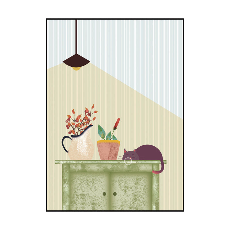 Kitty and Potted Plant Art Print Kids Style Textured Surface Sitting Room Canvas