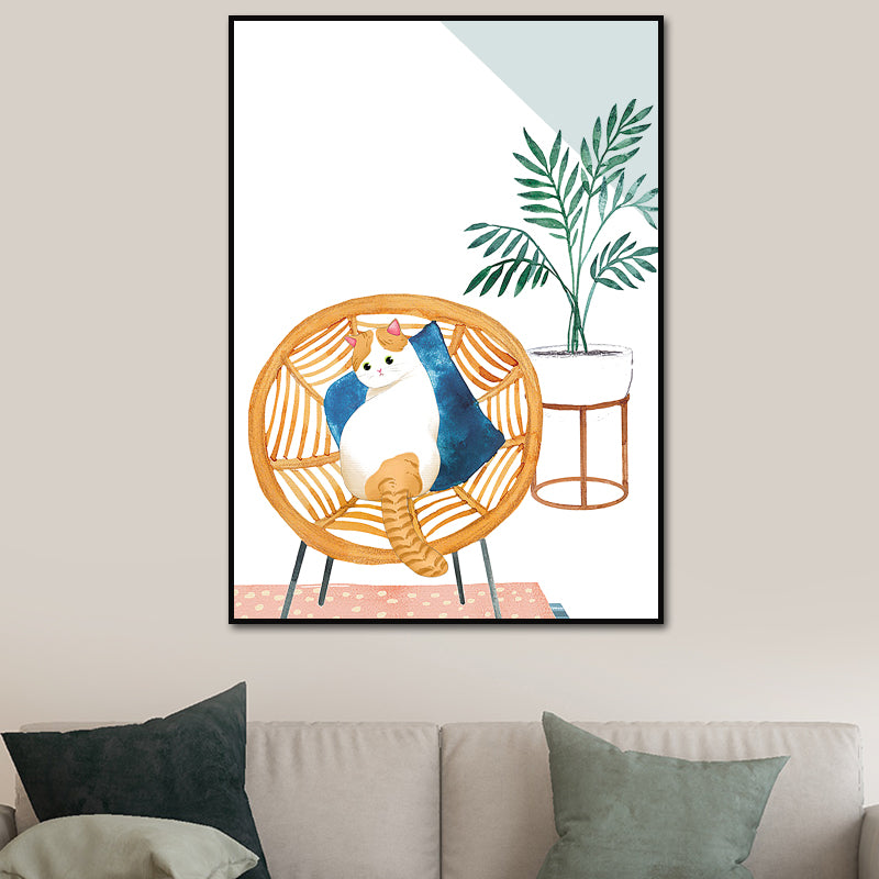 Kitty and Potted Plant Art Print Kids Style Textured Surface Sitting Room Canvas
