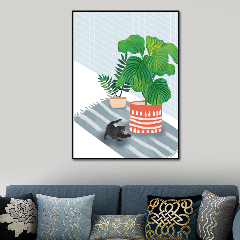 Kitty and Potted Plant Art Print Kids Style Textured Surface Sitting Room Canvas