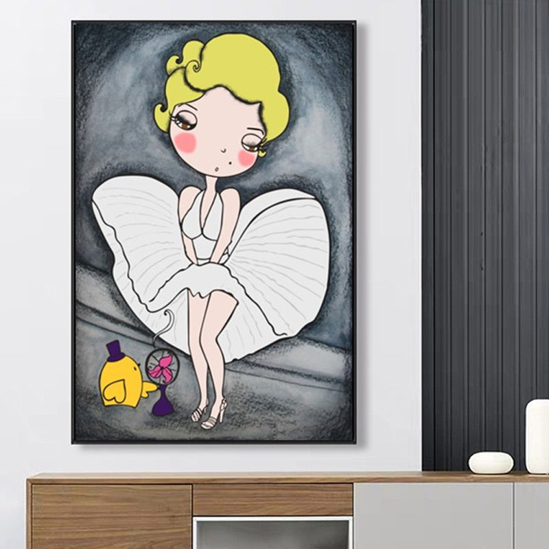 Cartoon Marilyn Monroe Wall Art Grey and White Textured Canvas Print for Parlor