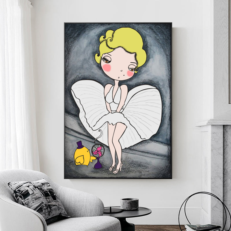 Cartoon Marilyn Monroe Wall Art Grey and White Textured Canvas Print for Parlor