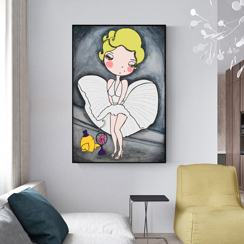 Cartoon Marilyn Monroe Wall Art Grey and White Textured Canvas Print for Parlor