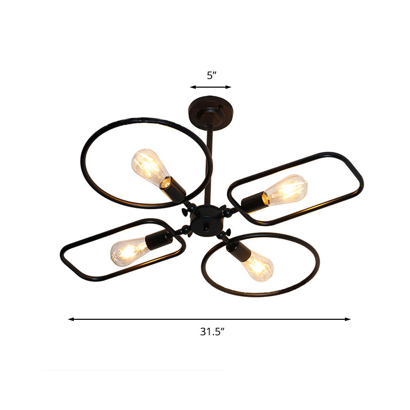 Lustre géométrique en métal Light Light Retro Style 4 lumières Hanging intérieure Lumière en noir