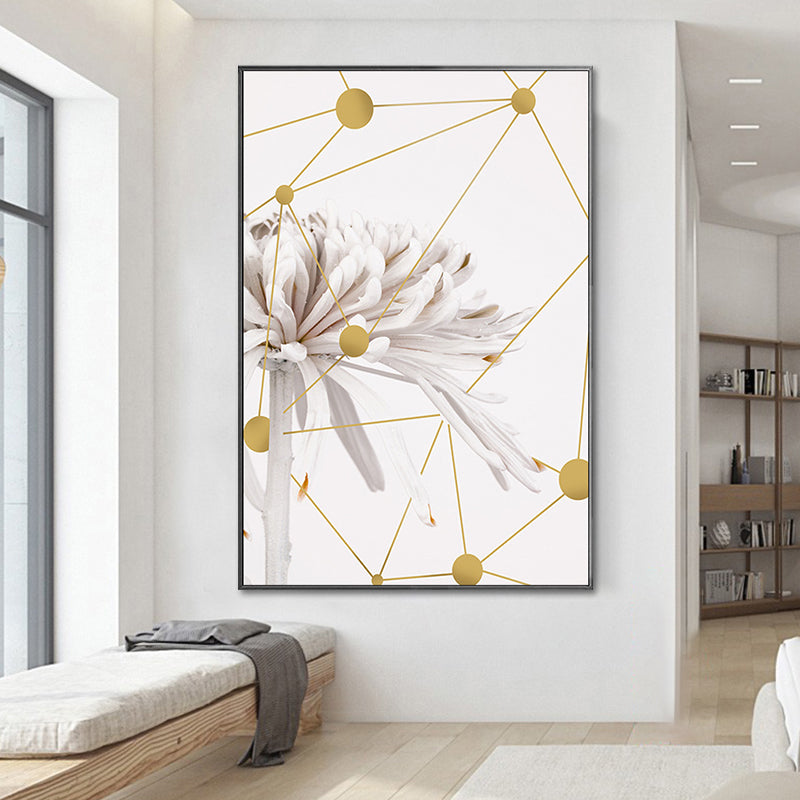 Modern Blooming Chrysanths Art Print White and Gold Geometric Canvas for Living Room