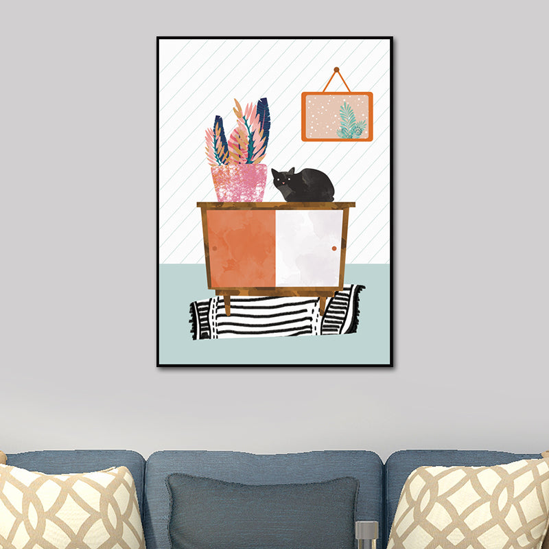 Cartoon Wall Art Kids Chubby Cats Leisure Life Canvas Print in Light Color
