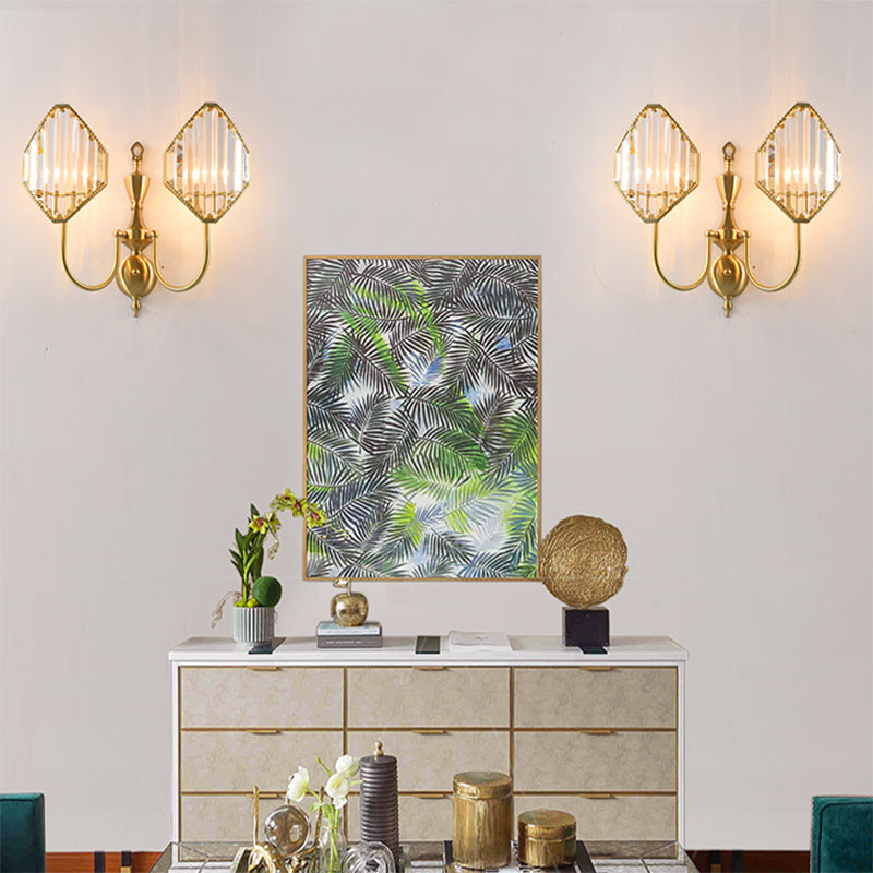 1/2-Light Crystal Prism Wall Mount Fixture with Rhombus Shade Modernism Wall Lighting in Gold