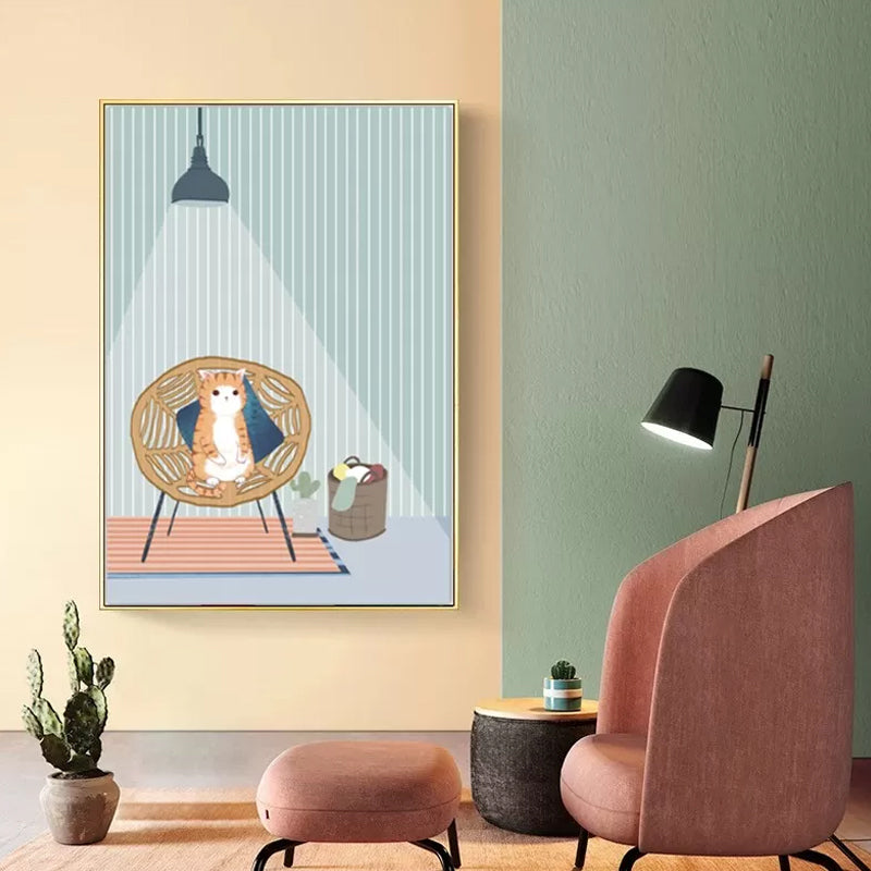 Cartoon Wall Art Kids Chubby Cats Leisure Life Canvas Print in Light Color