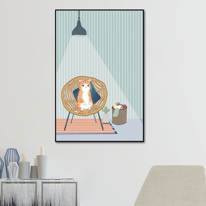 Cartoon Wall Art Kids Chubby Cats Leisure Life Canvas Print in Light Color