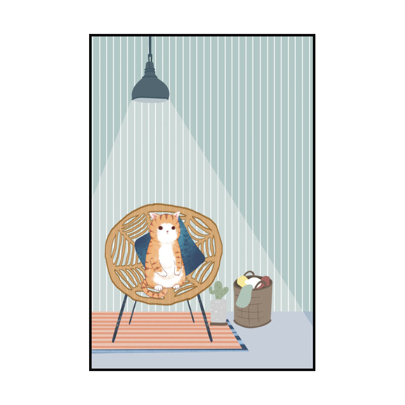 Cartoon Wall Art Kids Chubby Cats Leisure Life Canvas Print in Light Color