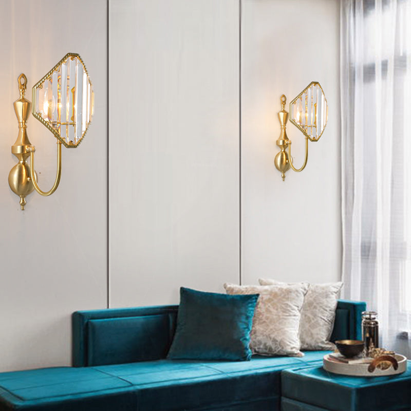 1/2-Light Crystal Prism Wall Mount Fixture with Rhombus Shade Modernism Wall Lighting in Gold