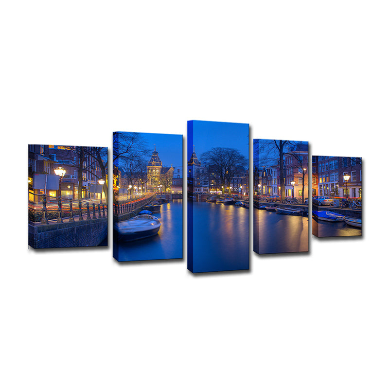 Amsterdam Canal Wall Art Decor for Home Night View Canvas Print in Blue, Multi-Piece