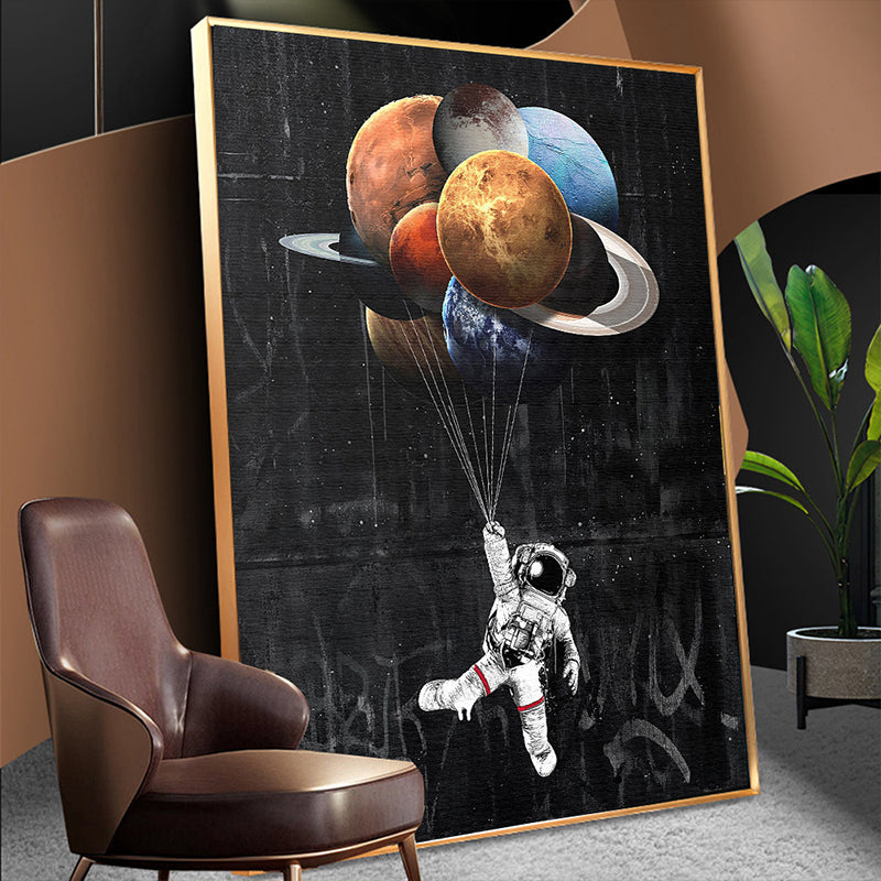 Black Universe Canvas Print Kids Style Spaceman with Planet Balloons Wall Art Decor